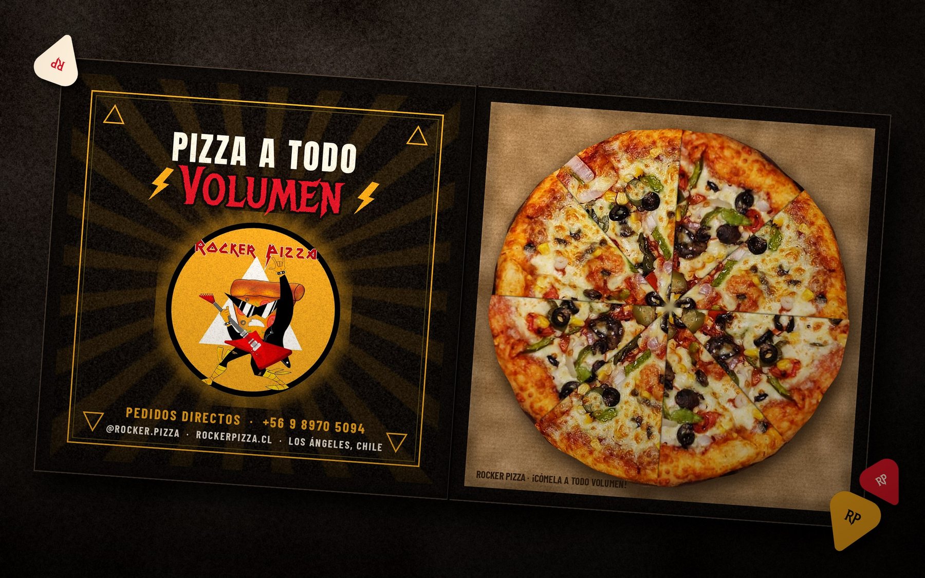 Pizza Rocker en su caja abierta, con la tapa interior negra y mostaza que dice Pizza a todo volumen